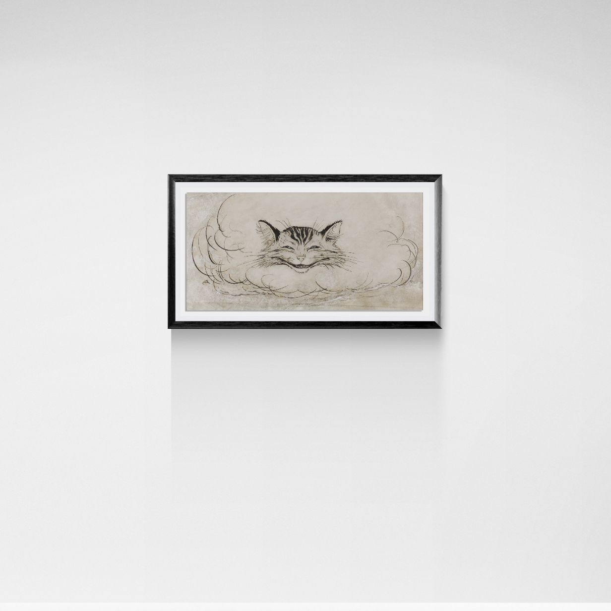 Framed artwork of a cat on a white wall