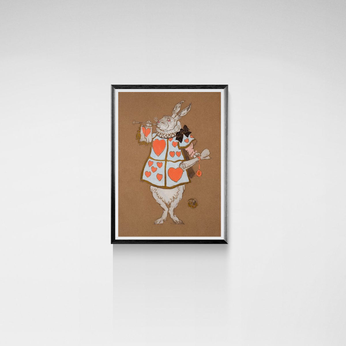 Framed artwork of a rabbit character with heart patterns on a brown background