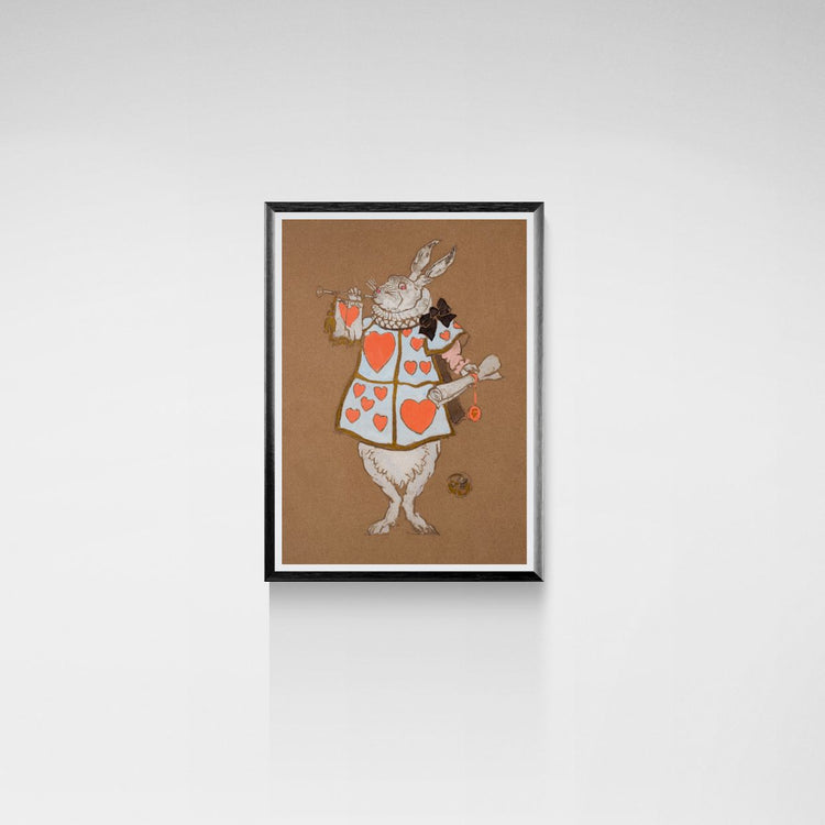 Framed artwork of a rabbit character with heart patterns on a brown background