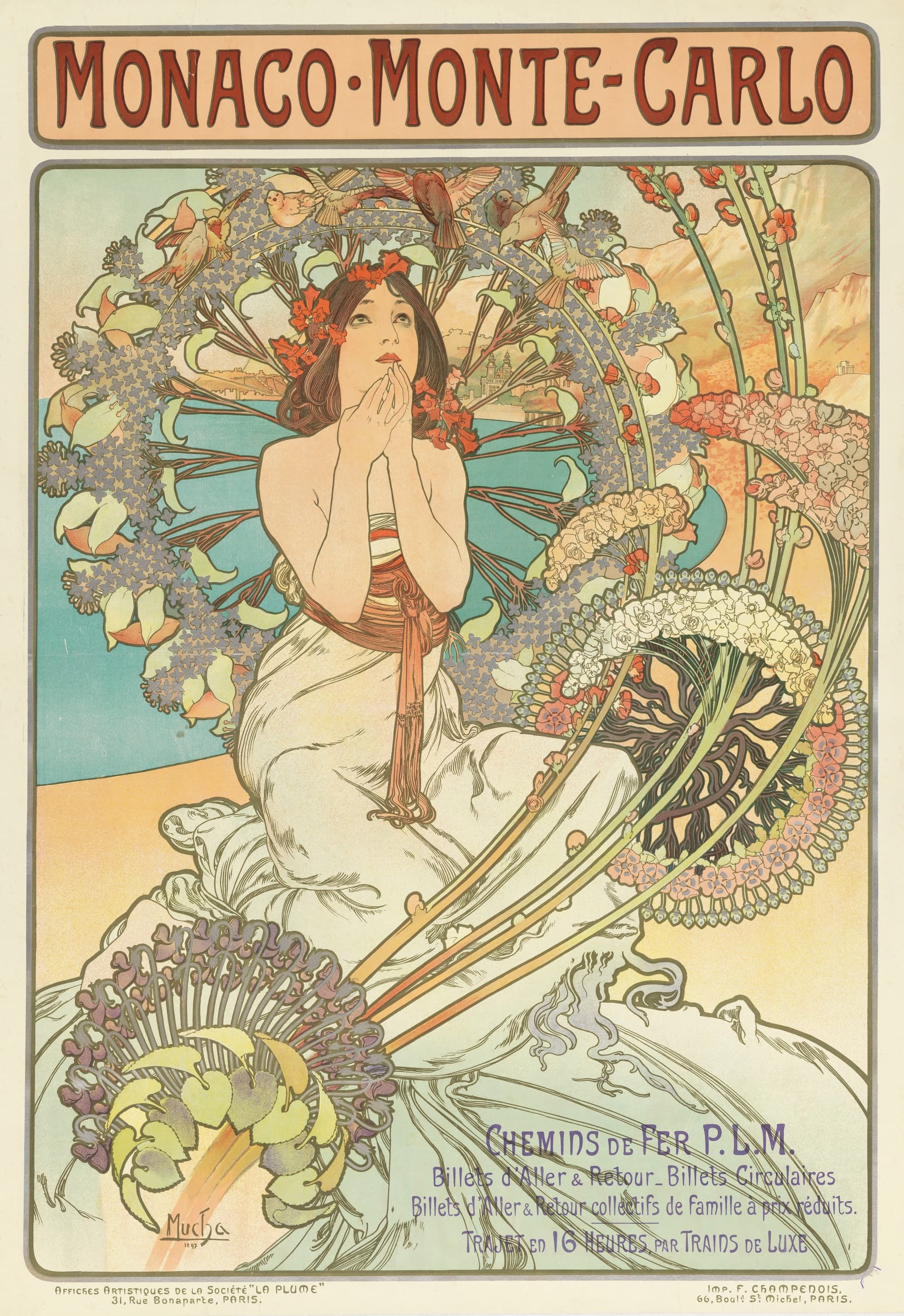 Vintage poster of a woman with flowers, featuring the text 'Monaco Monte Carlo' and 'Chemins de Fer P.L.M'.