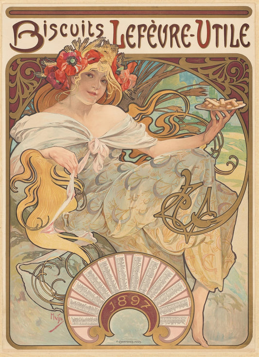 High-quality Giclée reproduction of Alphonse Mucha’s Biscuits Lefèvre-Utile poster (1897), featuring a woman with red poppies holding biscuits, in classic Art Nouveau style.