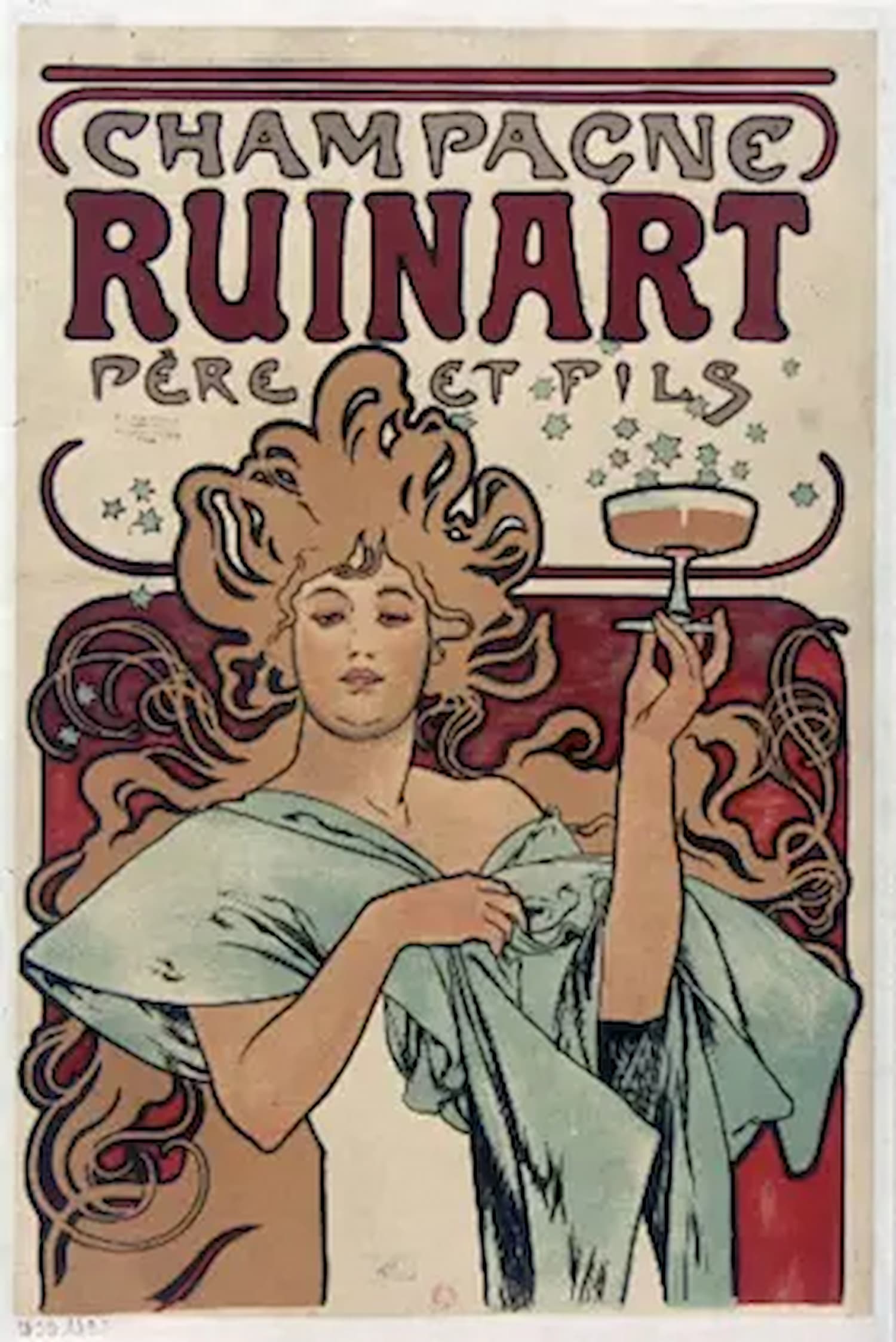 High-quality Giclée reproduction of Alphonse Mucha's Art Nouveau advertising poster for 'Champagne Ruinart Père et Fils,' depicting a woman with flowing red hair holding a glass of champagne, vintage 1890s.