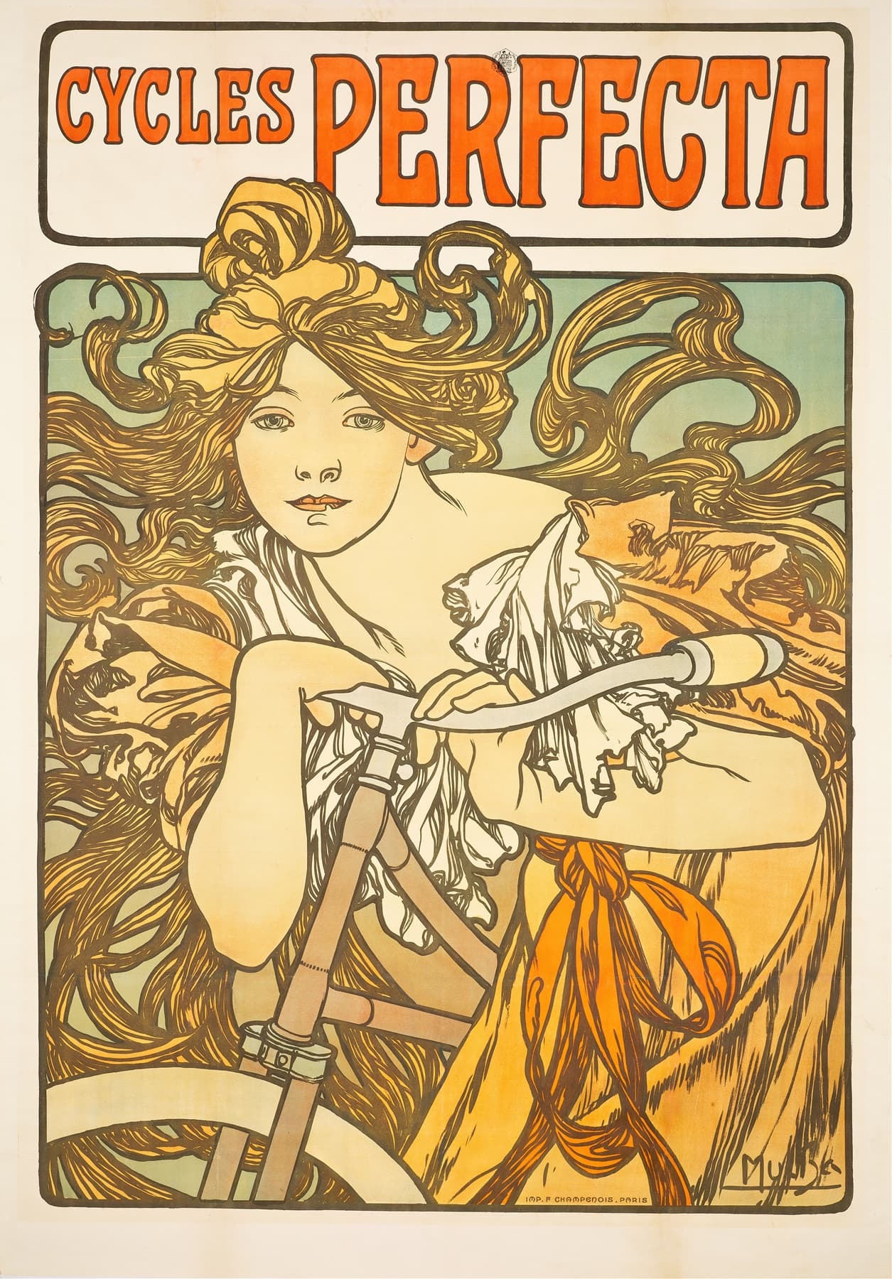 High-quality Giclée reproduction of Alphonse Mucha's Cycles Perfecta poster, featuring a classic Mucha woman with flowing hair holding a bicycle, Art Nouveau advertisement.