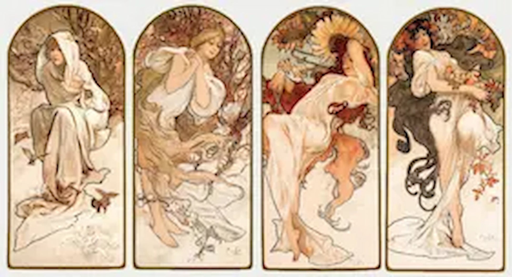 High-quality Giclée reproduction of Alphonse Mucha's Art Nouveau panel series 'The Four Seasons' (1896), showing four individual prints of idealized women, each representing Spring, Summer, Autumn, and Winter, vintage poster art.