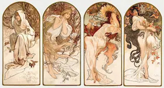 High-quality Giclée reproduction of Alphonse Mucha's Art Nouveau panel series 'The Four Seasons' (1896), showing four individual prints of idealized women, each representing Spring, Summer, Autumn, and Winter, vintage poster art.