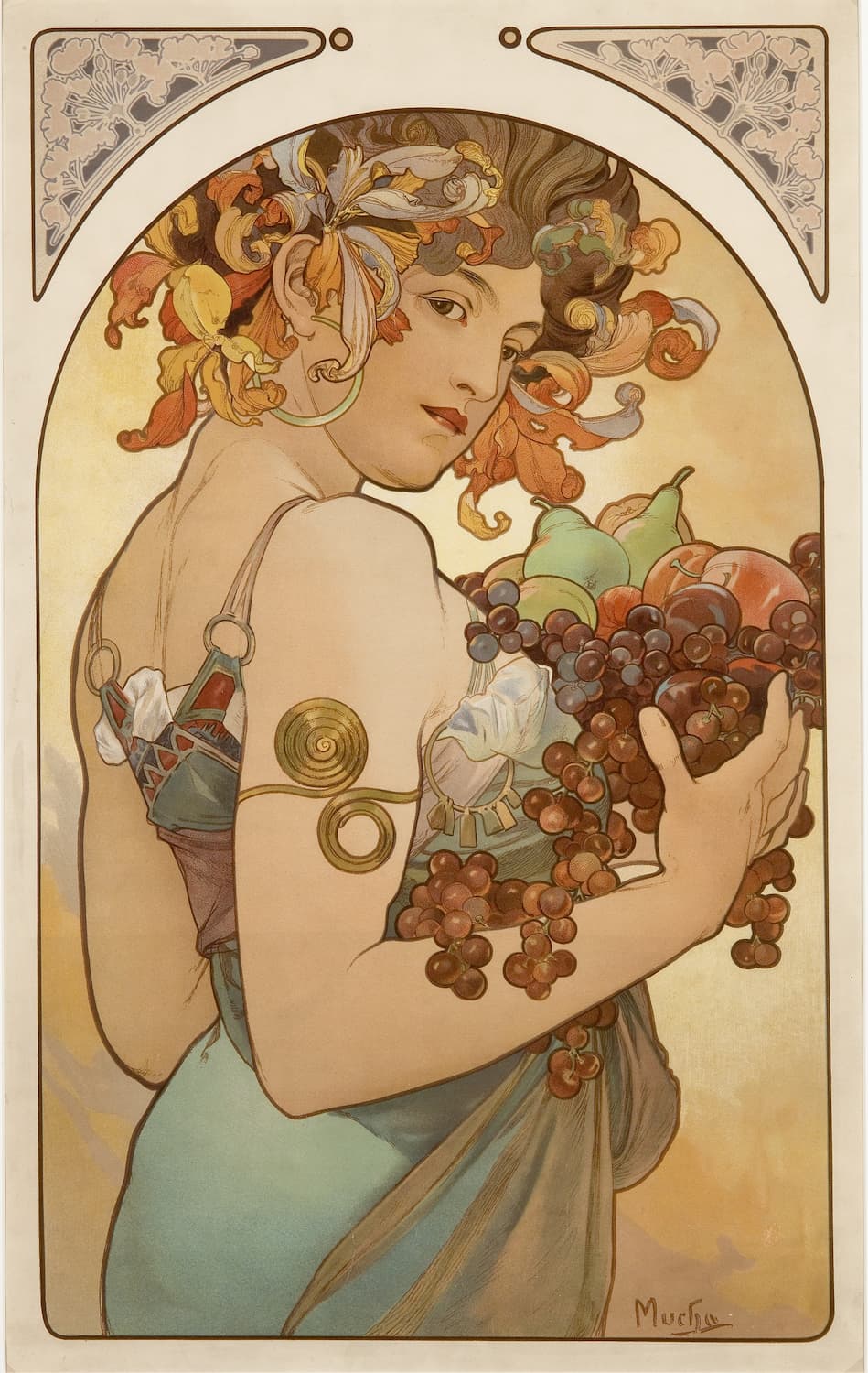 High quality Giclée reproduction of Alphonse Mucha's 1897 "Fruit" panel, Art Nouveau woman holding a basket of grapes and pears against a gold background.