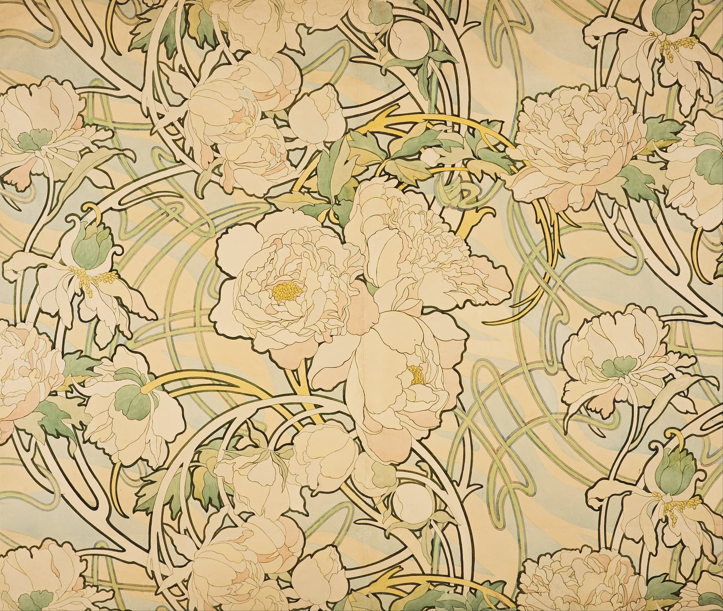 Decorative floral pattern with beige flowers and green leaves on a beige background
