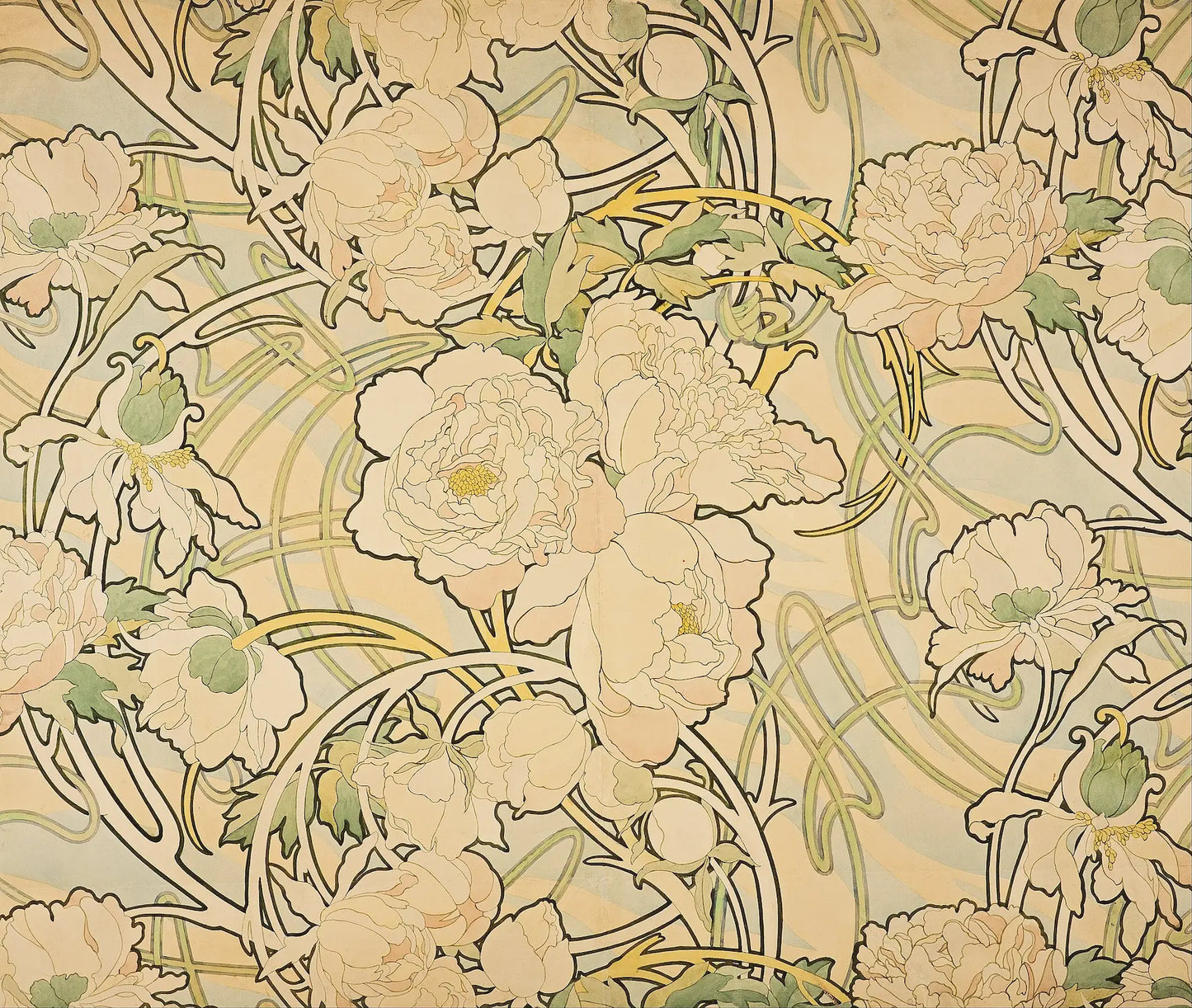 High-quality Giclée reproduction of an Alphonse Mucha Art Nouveau continuous pattern of white and pale pink peonies with flowing green stems and linear motifs, vintage 1890s decorative floral print.