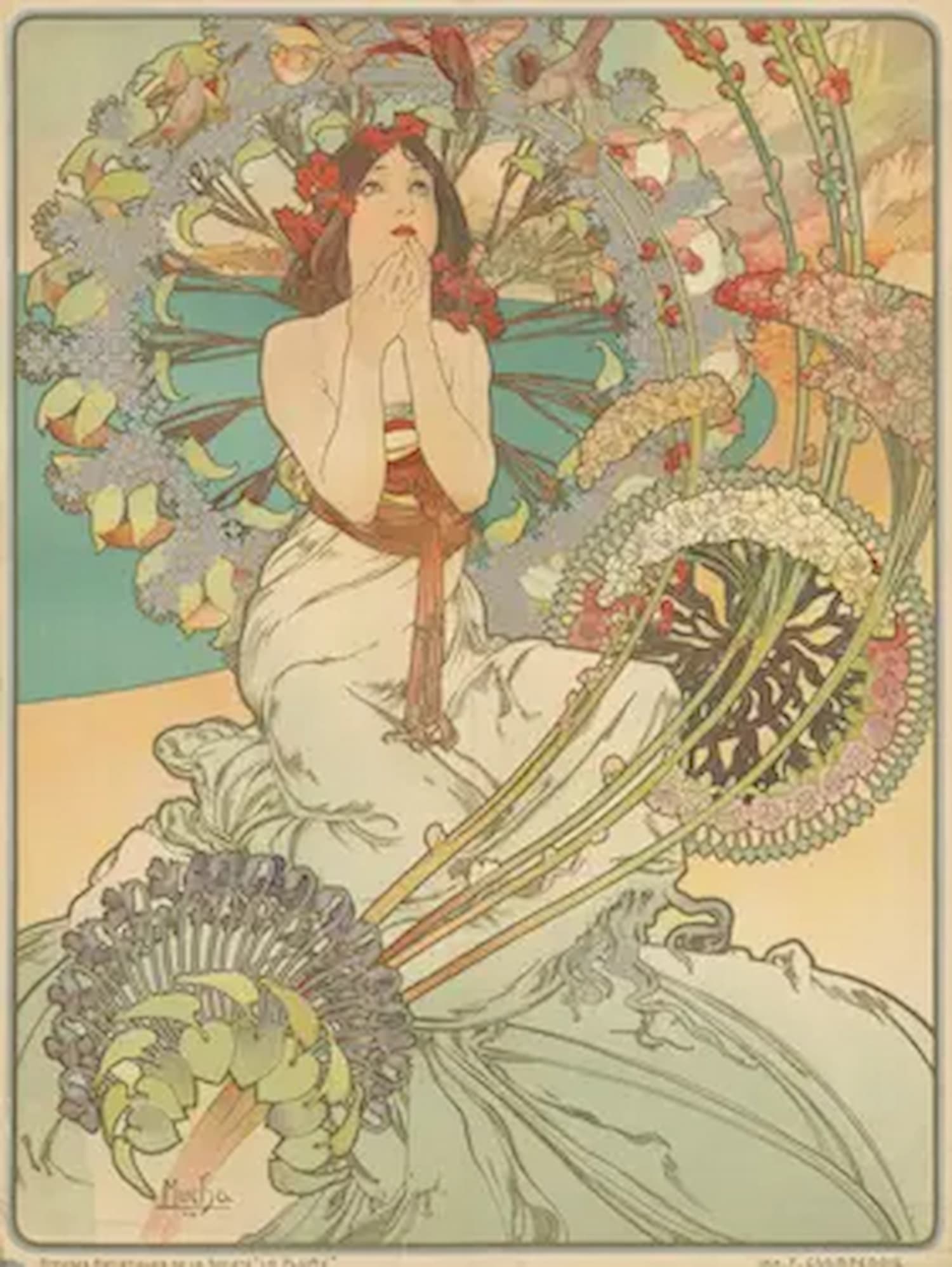 High-quality Giclée reproduction of Alphonse Mucha's Art Nouveau poster 'Plumes et Fleurs,' featuring an elegant woman seated among stylized feathers and detailed flowers against a light, airy background, vintage 1899.