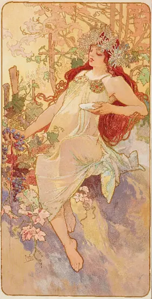 High-quality Giclée reproduction of Alphonse Mucha's Art Nouveau lithograph 'Autumn,' depicting a beautiful red-haired woman in white reaching for grapes on a vine, set against a warm landscape, vintage 1896.