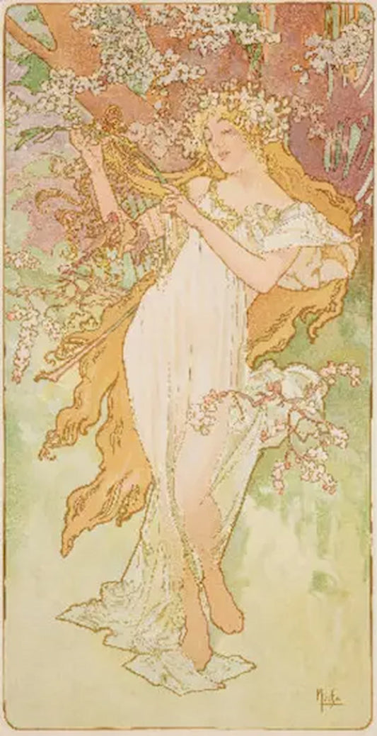 High-quality Giclée reproduction of Alphonse Mucha's Art Nouveau lithograph 'Spring,' depicting a beautiful blond woman in a flowing white dress with flowers in her hair, embracing a flowering branch, vintage 1896.