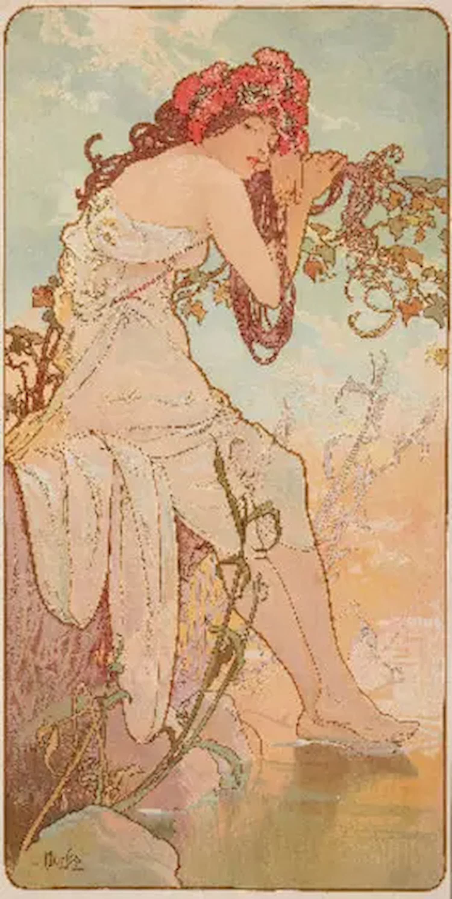 High-quality Giclée reproduction of Alphonse Mucha's Art Nouveau lithograph 'Summer,' depicting a beautiful, sultry brunette woman with red poppies in her hair leaning on a grapevine with her feet in water, vintage 1896.