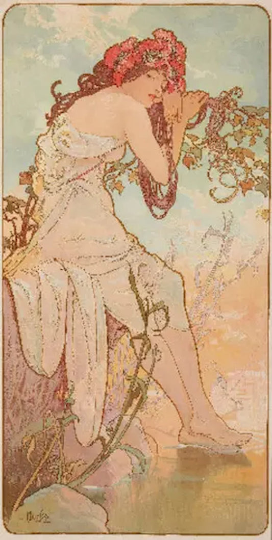 High-quality Giclée reproduction of Alphonse Mucha's Art Nouveau lithograph 'Summer,' depicting a beautiful, sultry brunette woman with red poppies in her hair leaning on a grapevine with her feet in water, vintage 1896.