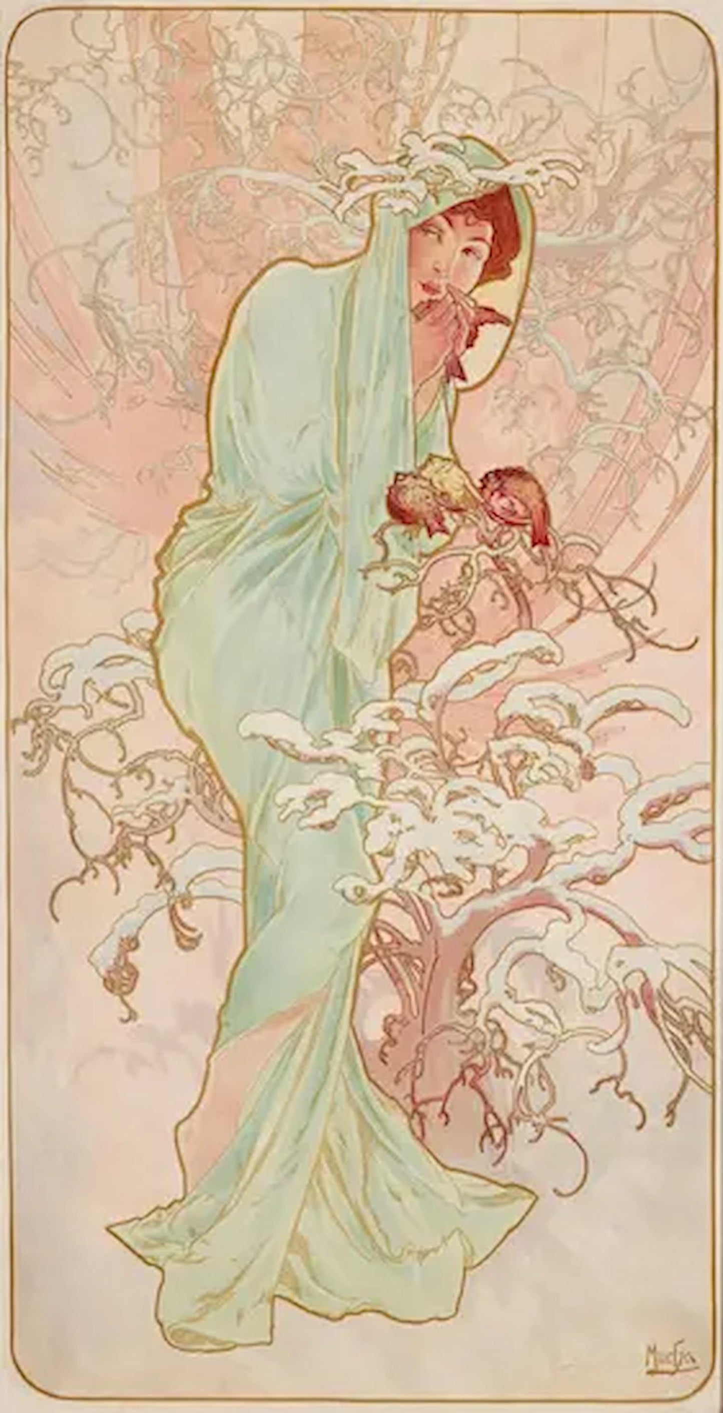High-quality Giclée reproduction of Alphonse Mucha's Art Nouveau lithograph 'Winter,' depicting an auburn-haired woman in a flowing pale green cloak, sheltering a small bird amid snow-covered holly branches, vintage 1896.