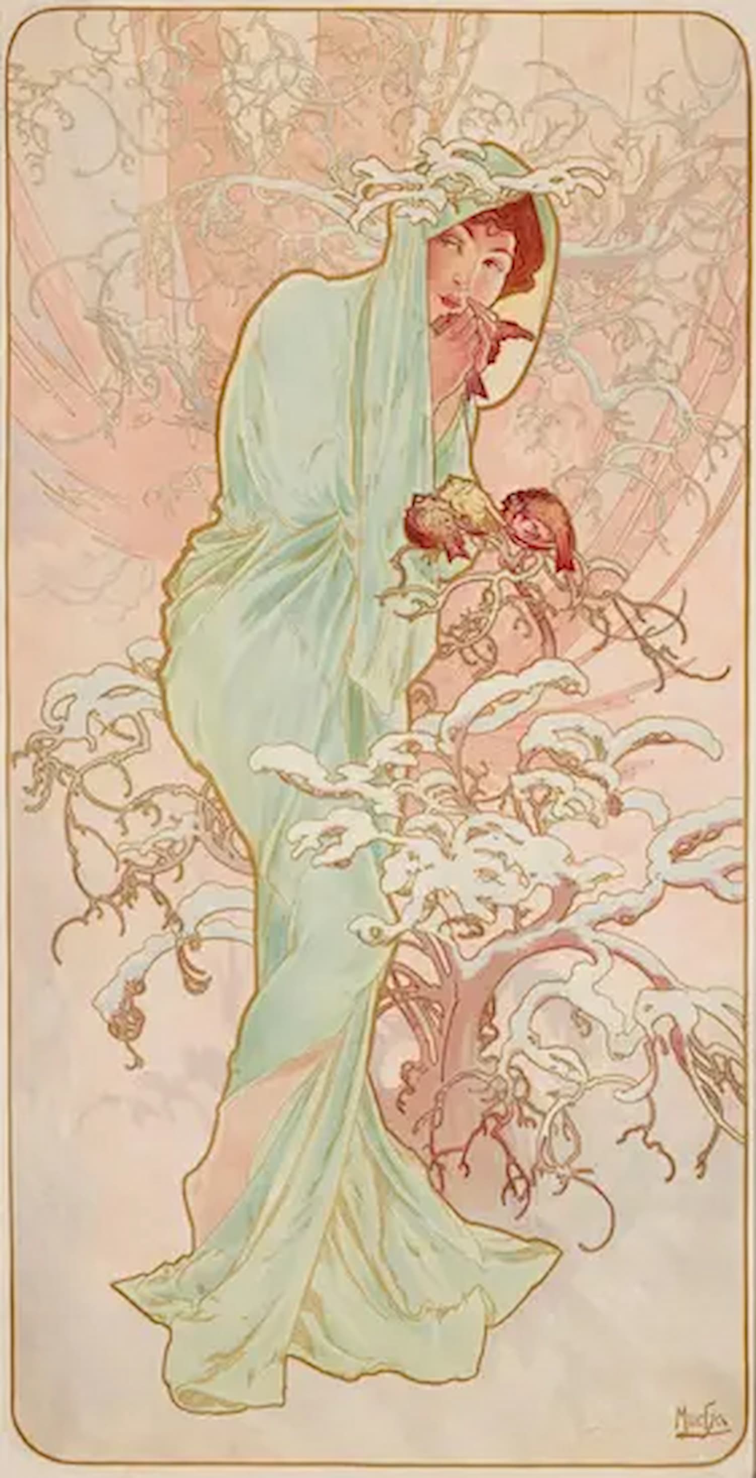 High-quality Giclée reproduction of Alphonse Mucha's Art Nouveau lithograph 'Winter,' depicting an auburn-haired woman in a flowing pale green cloak, sheltering a small bird amid snow-covered holly branches, vintage 1896.