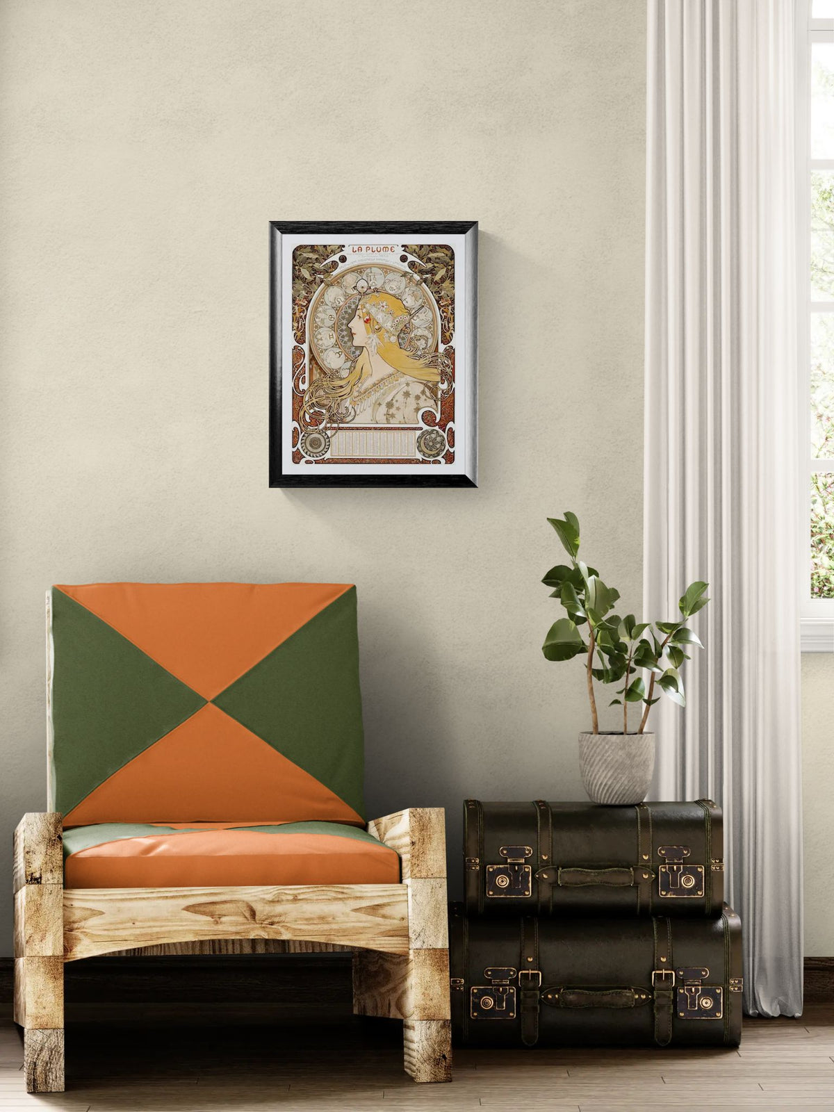 Chair with geometric cushion, framed artwork, and vintage suitcase in a room.