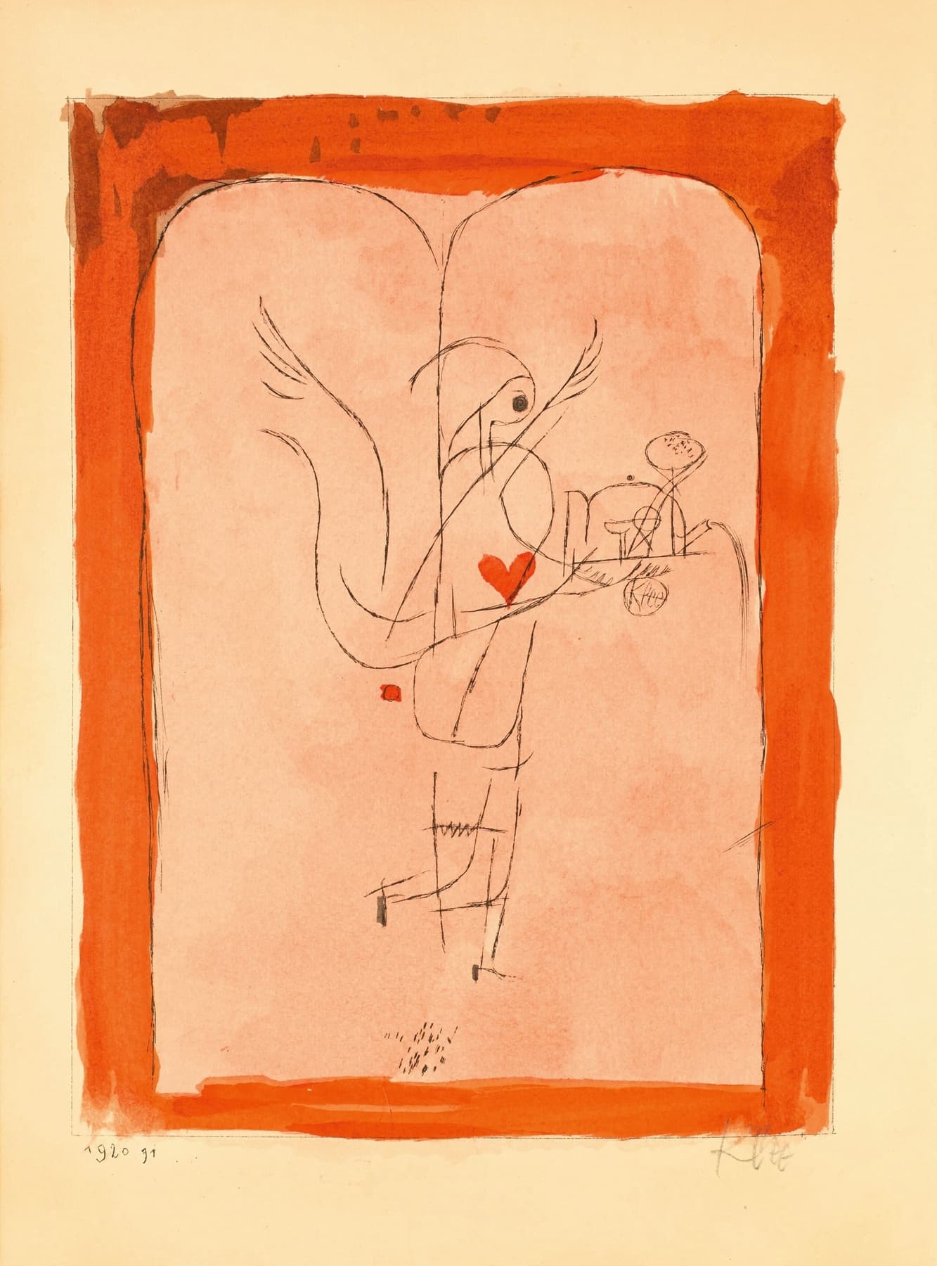 Surrealistic illustration of a figure holding a heart and a flower with an orange border.
