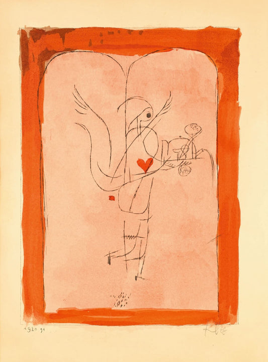 Surrealistic illustration of a figure holding a heart and a flower with an orange border.