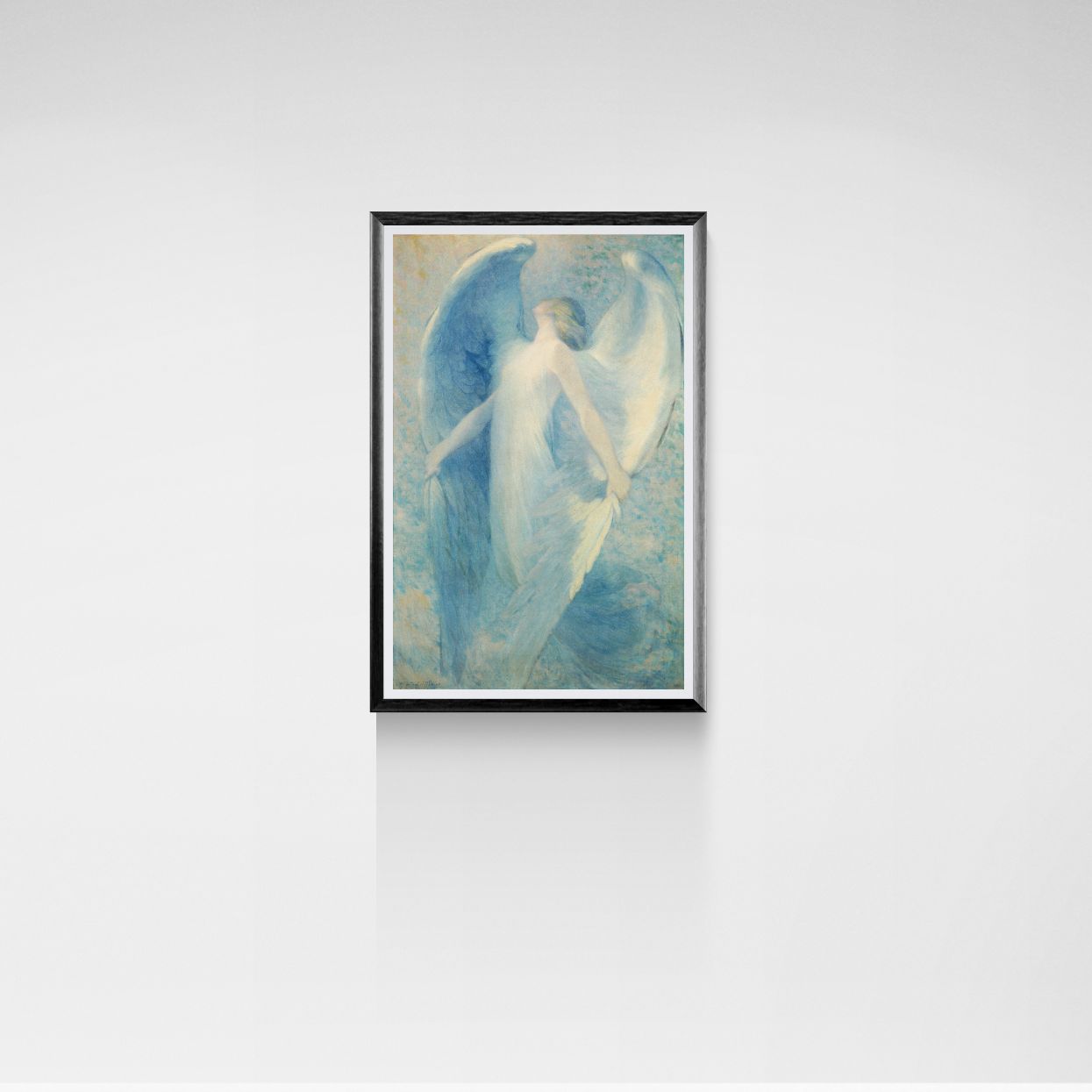 Framed artwork of an angelic woman in a flowing dress against a light blue background.