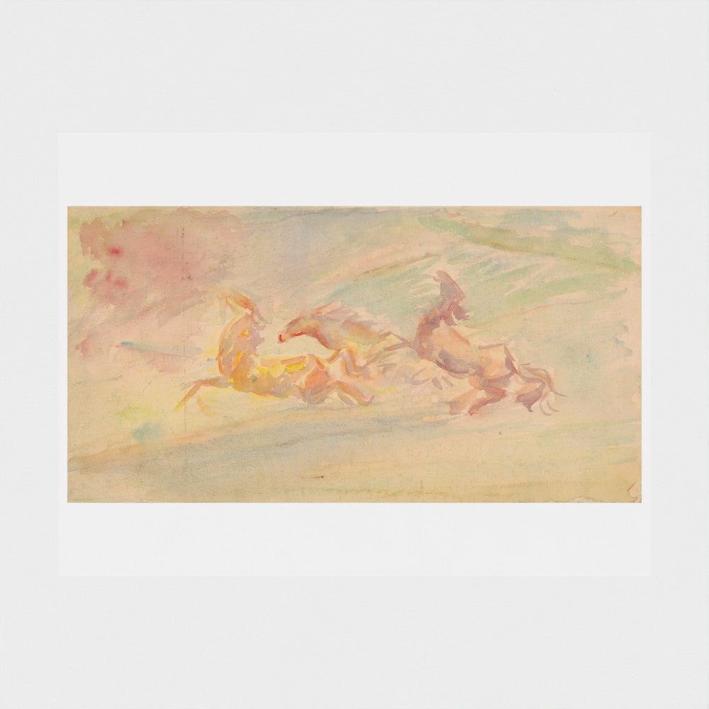 Artistic depiction of three horses running on a misty landscape