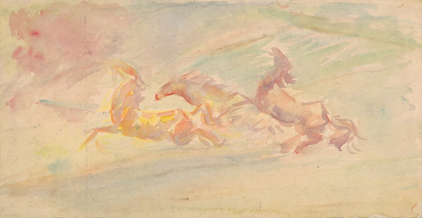 Museum-quality Giclée reproduction of Arnold Peter Weisz-Kubínčan's 1940s Expressionist watercolor, featuring three horses in fluid, pastel washes of red, yellow, and blue/green, representing horses in motion. Ideal for modern or quiet decor.