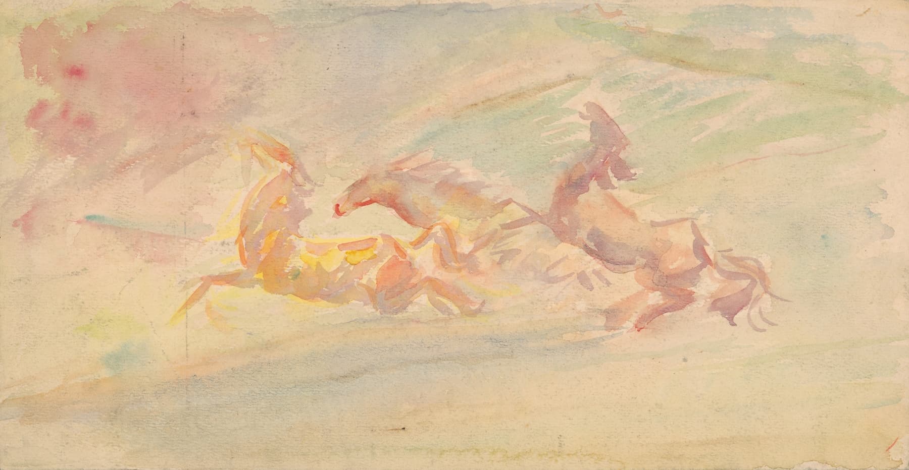 Museum-quality Giclée reproduction of Arnold Peter Weisz-Kubínčan's 1940s Expressionist watercolor, featuring three horses in fluid, pastel washes of red, yellow, and blue/green, representing horses in motion. Ideal for modern or quiet decor.