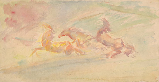 Museum-quality Giclée reproduction of Arnold Peter Weisz-Kubínčan's 1940s Expressionist watercolor, featuring three horses in fluid, pastel washes of red, yellow, and blue/green, representing horses in motion. Ideal for modern or quiet decor.