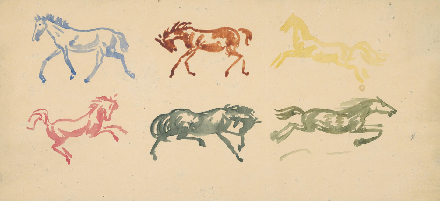 Museum-quality Giclée reproduction of Arnold Peter Weisz-Kubínčan's 1920s Expressionist Folk Art print, featuring a horizontal color study of six horses in gestural, single-color poses (blue, rust, yellow, red, green/gray). Ideal for nursery or Mid-Century Modern decor.