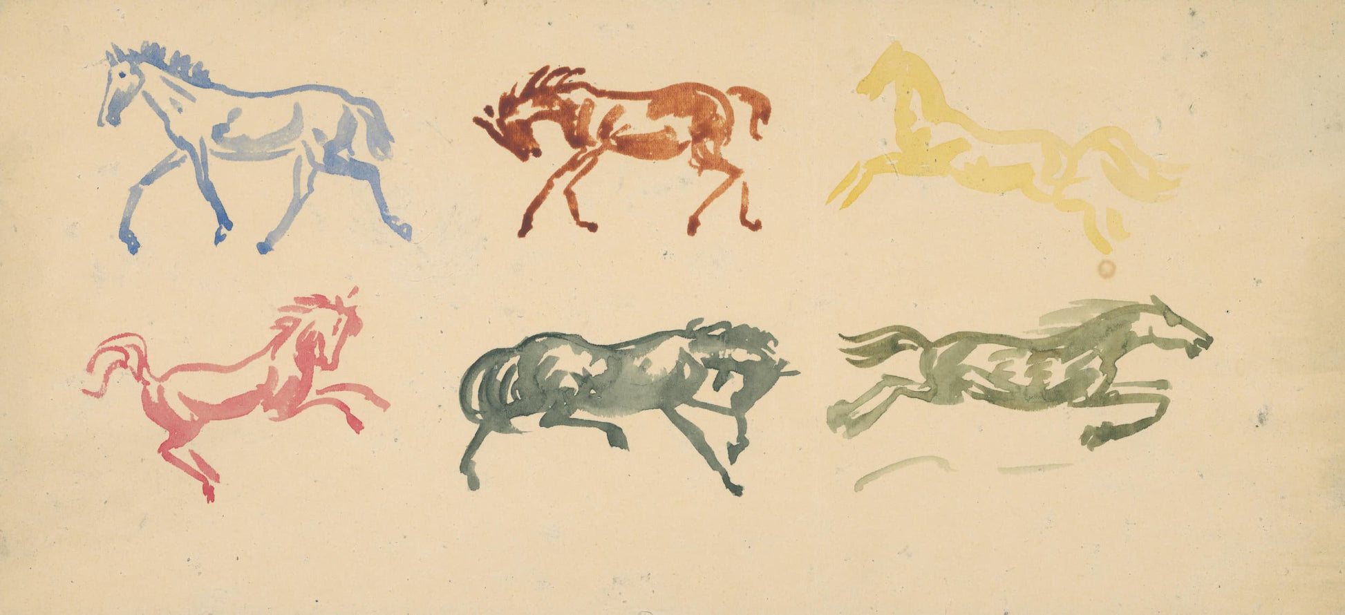 Museum-quality Giclée reproduction of Arnold Peter Weisz-Kubínčan's 1920s Expressionist Folk Art print, featuring a horizontal color study of six horses in gestural, single-color poses (blue, rust, yellow, red, green/gray). Ideal for nursery or Mid-Century Modern decor.