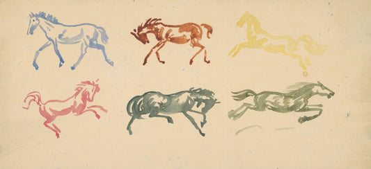 Museum-quality Giclée reproduction of Arnold Peter Weisz-Kubínčan's 1920s Expressionist Folk Art print, featuring a horizontal color study of six horses in gestural, single-color poses (blue, rust, yellow, red, green/gray). Ideal for nursery or Mid-Century Modern decor.