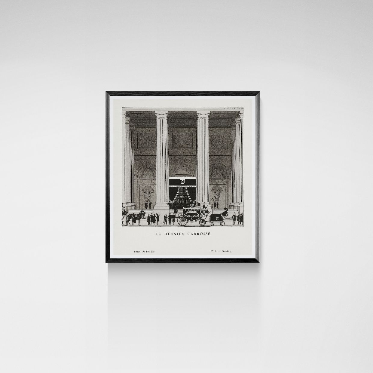Framed black and white print of a classical building with a carriage on a white wall.