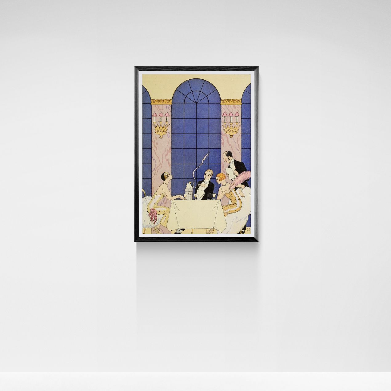 Framed artwork of a classical scene with people at a table against a decorative wall.