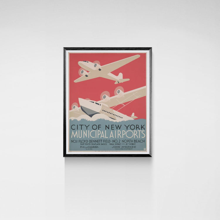 Framed poster of City of New York Municipal Airports with airplane illustration on a red background