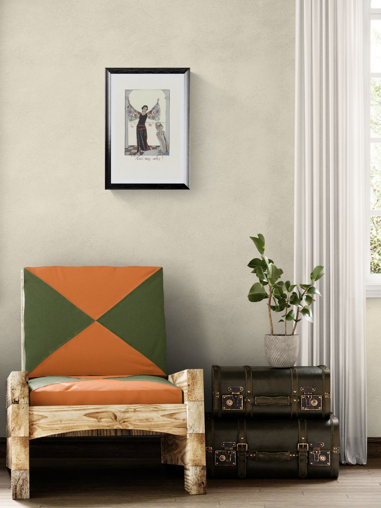 Chair with geometric cushion, framed picture, and vintage suitcase in a room.