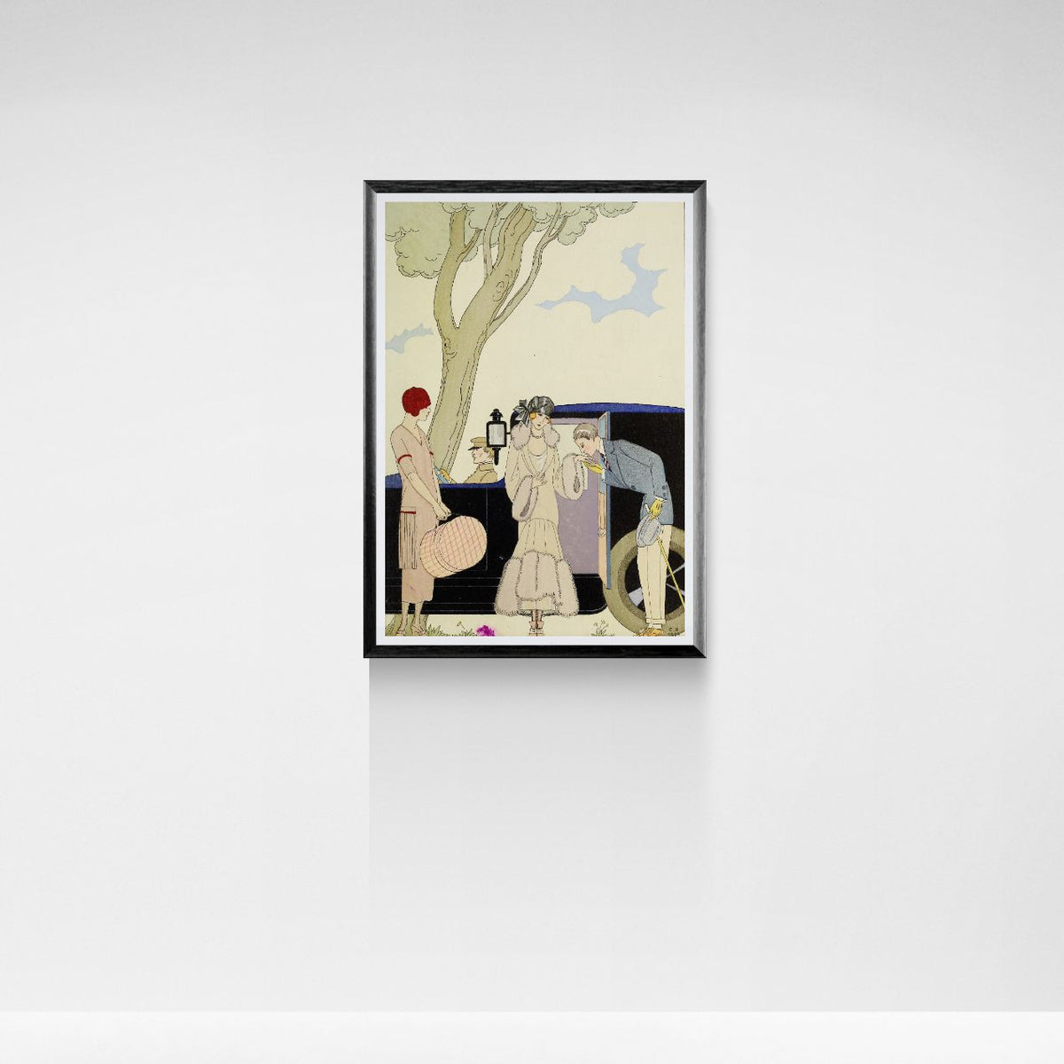 Framed artwork of a woman with a suitcase standing next to a car on a white background