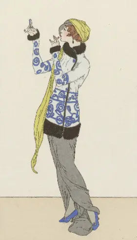 Illustration of a person in a stylish outfit with a patterned coat and yellow scarf.