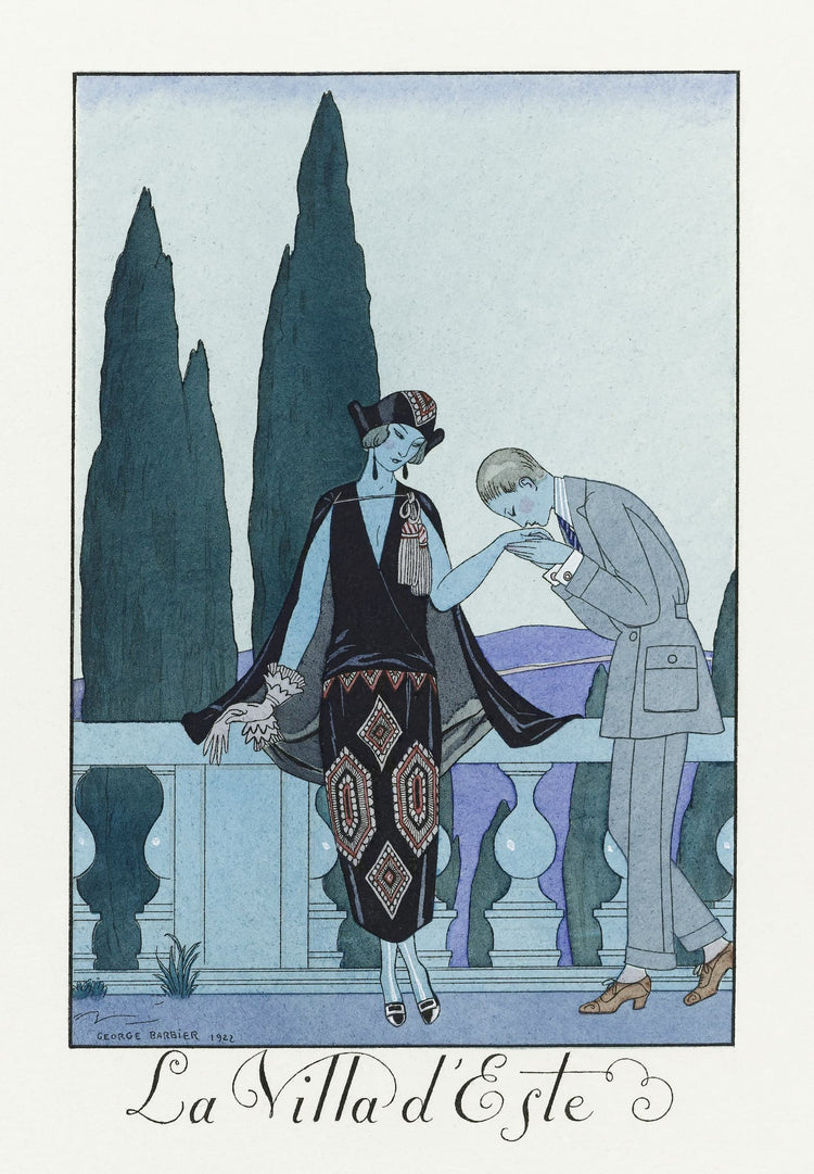 Artistic illustration of a couple in formal attire with cypress trees in the background, featuring 'La Villa d'Este'.