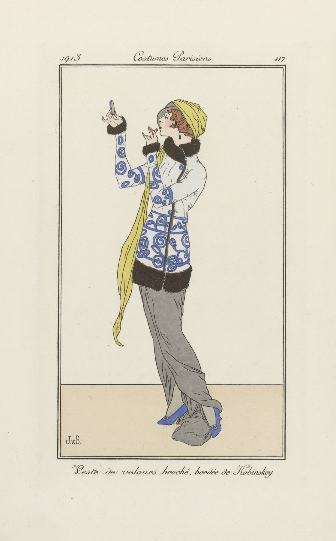 Fashion illustration of a woman in a patterned jacket and gray pants with a yellow scarf.