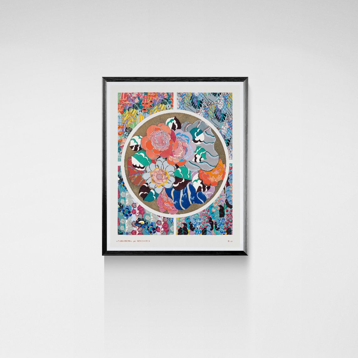Framed colorful artwork with floral and animal designs on a white wall