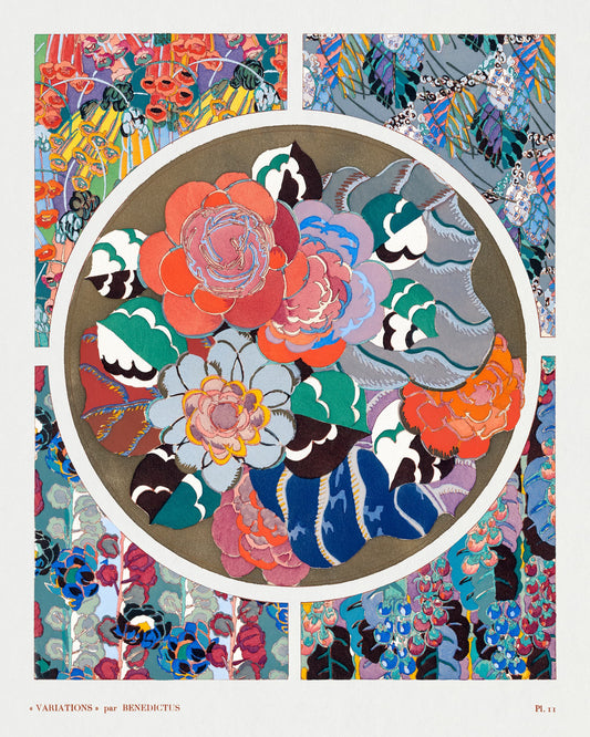 Colorful floral and butterfly design in a circular pattern with a white border.