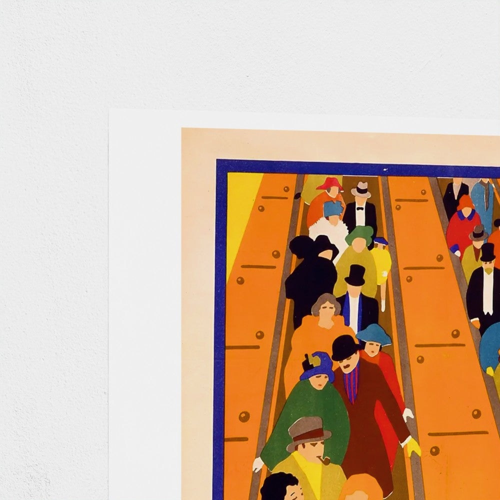 Illustration of people on a subway train with a colorful border
