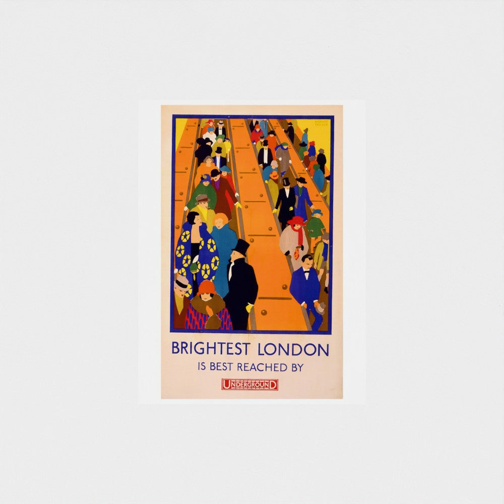 Vintage-style poster with people on a staircase and text 'Brightest London is best reached by Underground'.