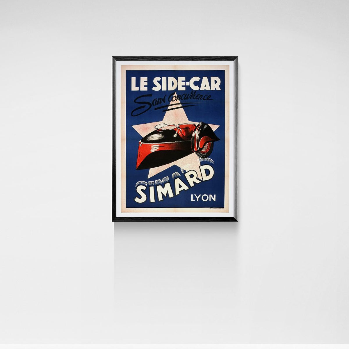 Framed vintage-style poster of a sidecar on a white wall