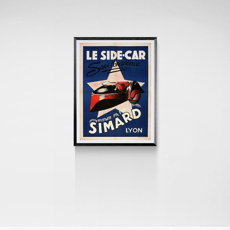 Framed vintage-style poster of a sidecar on a white wall