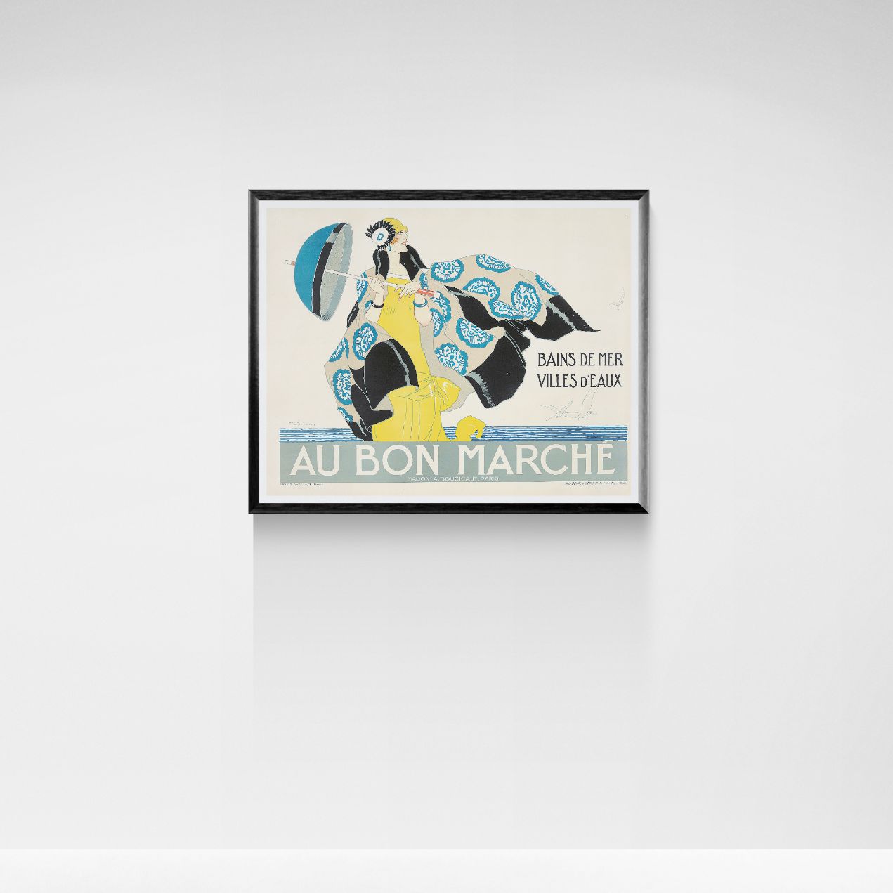 Framed vintage-style poster of a woman with an umbrella on a white wall