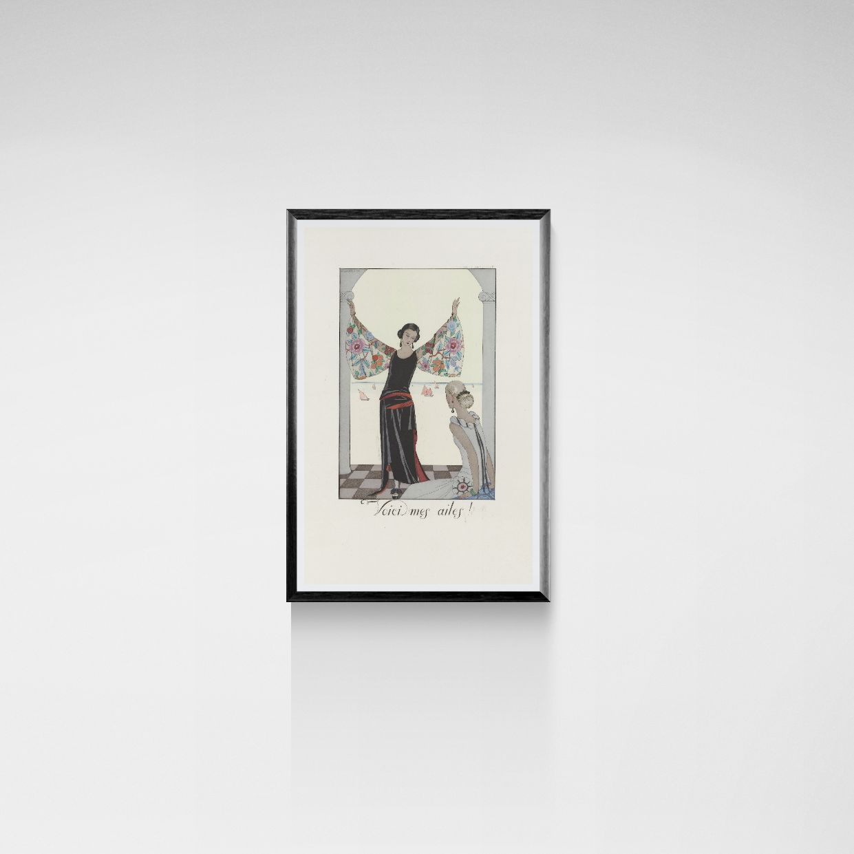 Framed artwork of a woman in a black dress with a white background