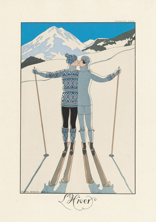 High-quality Giclée reproduction of George Barbier's "L'Hiver" illustration, showing an Art Deco couple on skis in matching patterned sweaters kissing against a snowy mountain background, vintage 1920s fashion art.
