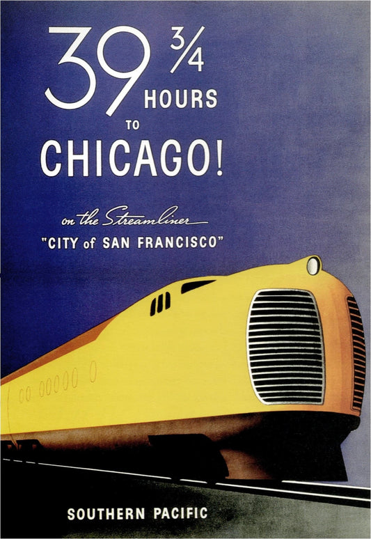 High-quality Giclée reproduction of a 1930s Art Deco train poster, featuring a yellow Streamliner locomotive advertising "City of San Francisco" route, Southern Pacific Railroad.
