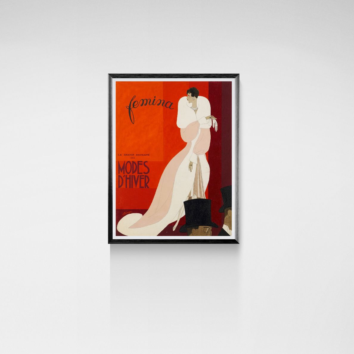 Framed vintage-style poster with a woman in a white dress on a red background, featuring the brand 'femina'.