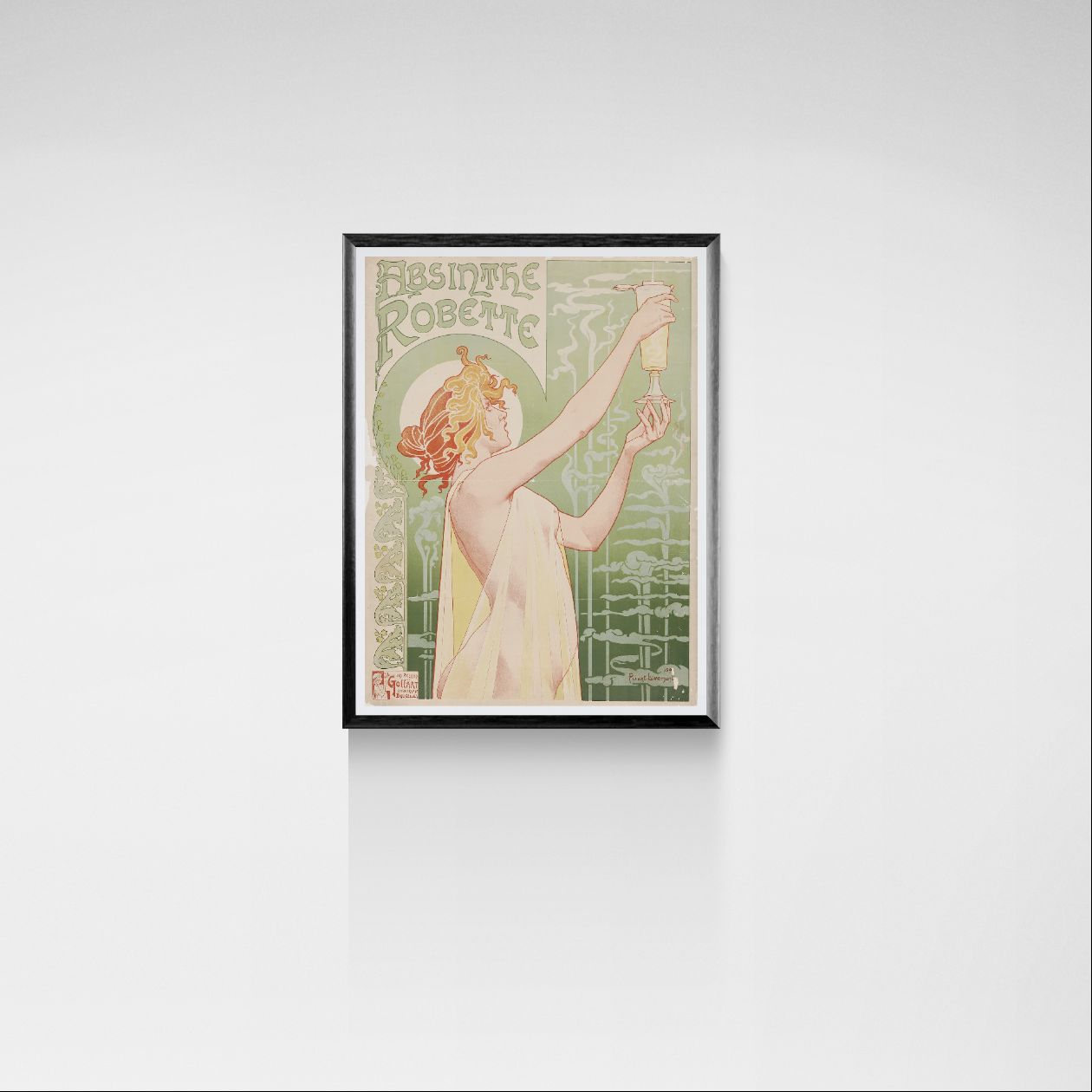 Framed vintage-style poster of a woman on a white wall